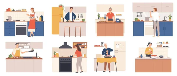 Pessoas a cozinhar em casa. Homens e mulheres preparando comida no interior da cozinha. Personagens assar, fritar e ferver refeição. Conjunto de vetores culinários de desenhos animados —  Vetores de Stock