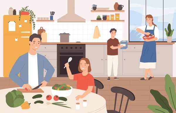 Aile yemeği. Mutlu ebeveynler ve çocuklar mutfakta yemek pişiriyor. Oğlu annesinin yemek yapmasına yardım eder. Çocuklu aile yemek vektörü konseptini hazırlıyor. — Stok Vektör