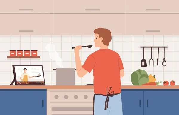 Ver video receta. Hombre cocinando en la cocina utilizando cursos de chef en línea. Preparación de alimentos por tutorial, aprendizaje a distancia en el hogar concepto de vectores — Archivo Imágenes Vectoriales