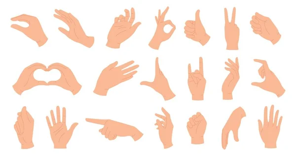 Les mains tenant des gestes. Elégante main féminine et masculine montrant le cœur, ok, comme, doigt pointant et agitant la paume. mains à la mode pose ensemble vectoriel — Image vectorielle