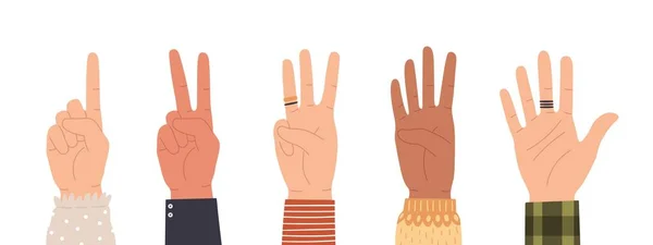 Elleri say. Bir, iki, üç, dört ve beşi gösteren parmakları say. Moda düz biçim vektöründe el simgeleri geri sayım hareketi — Stok Vektör