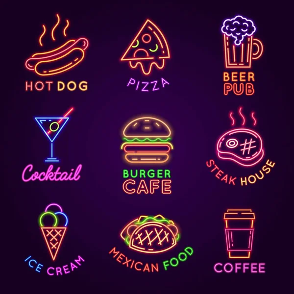 Kávézó neon táblák. Étel és ital izzó fény hirdetőtáblák. Burger és pizza étterem, söröző, steak house és kávézó tábla vektor készlet — Stock Vector