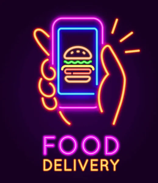 Ételszállító neon tábla. Ragyogó banner kézi tartó okostelefon burger. Mobil alkalmazás az online gyorsétterem kávézó rendelés vektor koncepció — Stock Vector