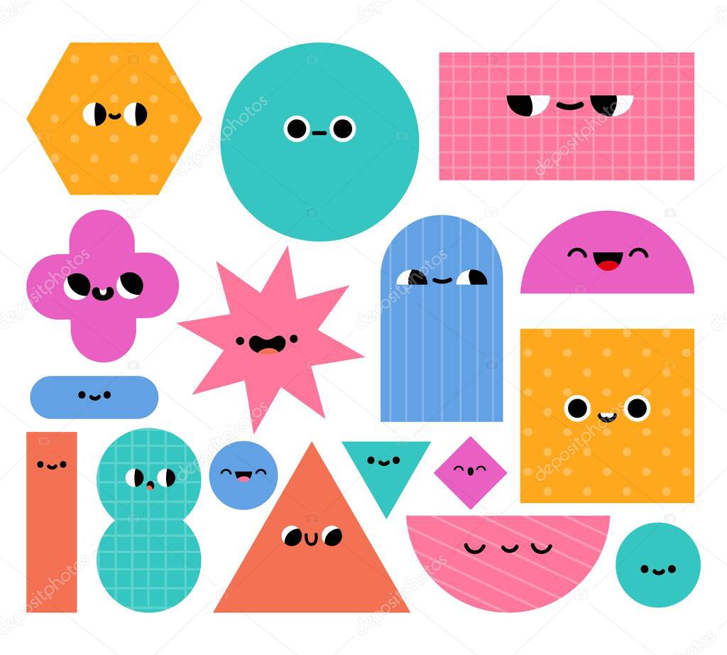 Geometric shapes characters. Basic abstract geometry figures with cartoon faces. Trendy educational objects for preschool kids vector set