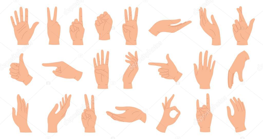 Hands poses. Female hand holding and pointing gestures, fingers crossed, fist, peace and thumb up. Cartoon human palms and wrist vector set