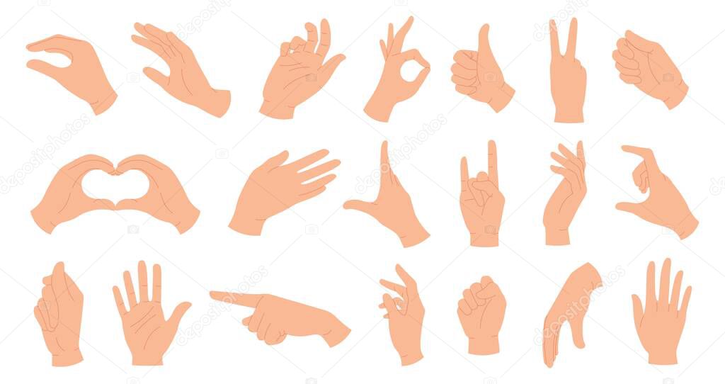 Hands holding gestures. Elegant female and male hand showing heart, ok, like, pointing finger and waving palm. Trendy hands poses vector set