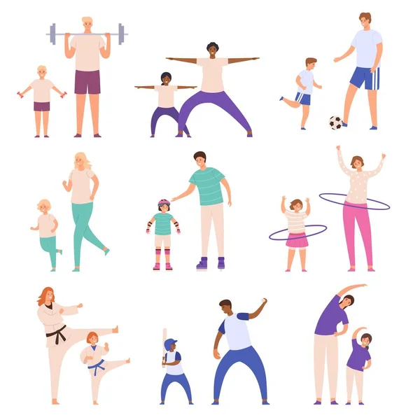 Ouders en kinderen die sporten. Vader en zoon voetballen, moeder en dochter doen fitness-oefeningen. Fysieke activiteitsvectorverzameling — Stockvector