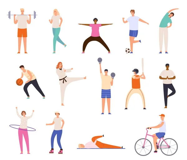 Gente del deporte. Hombres y mujeres hacen ejercicio, entrenan, hacen yoga y fitness, corren y juegan baloncesto. Estilo de vida saludable personajes vector conjunto — Vector de stock