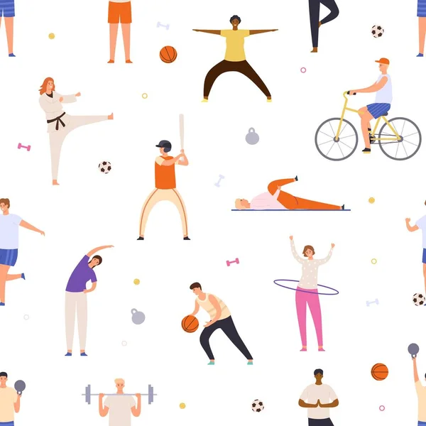 Les gens exercent un modèle homogène. L'homme et la femme actifs font du yoga, du sport, font du vélo et jouent au basket. Impression vectorielle mode de vie sain plat — Image vectorielle