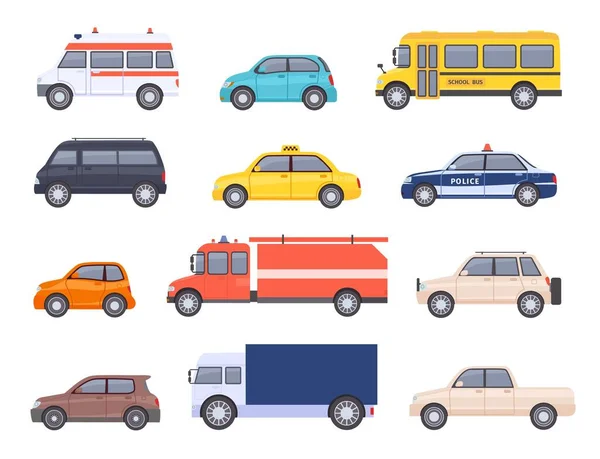 Voitures de transport en ville. Voiture et véhicules urbains, taxi, autobus scolaire, ambulance, pompier, police et camionnette. Ensemble vecteur automobile plat — Image vectorielle