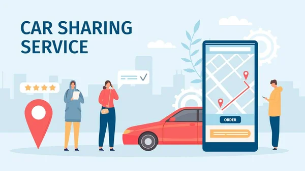 Serviço de partilha de carro. Tela de smartphone grande com aplicativo móvel e pessoas pedindo carros para compartilhar ou alugar. Conceito de vector de partilha de carros online plana — Vetor de Stock