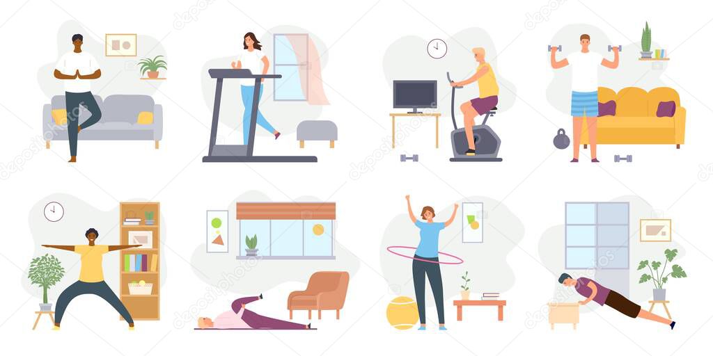 Home exercises. People meditate, do yoga, sport and fitness indoor. Active men and women workout on exercise bike and treadmill vector set