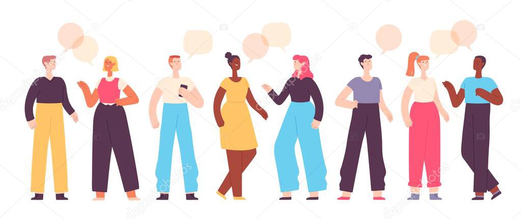 People talk. Friends chat, ask and answer. Group of characters communicate with speech bubbles. Flat man and woman conversation vector set
