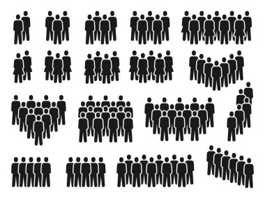 People crowd icons. Group of persons gathering, men and women silhouette. Employee team, citizen or social community pictograms vector set
