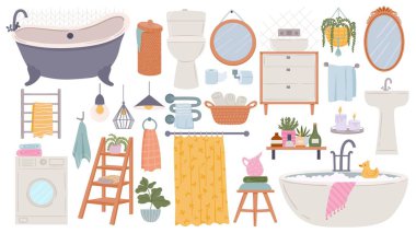 Bathroom furniture. Modern scandinavian bathtub, sink and toilet. Flat hygge bath interior elements, towels, mirrors and washer, vector set