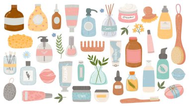Flat hygiene and beauty products. Cosmetic bottles and tubes, bath accessories, lotion, shampoo, oil and scrub. Organic skin care vector set