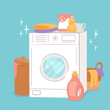 Washing machine and laundry. Cartoon washer, linen baskets and cleaning products, soap powder and conditioner. Clothing wash vector concept