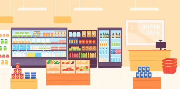 Grocery shop interior. Supermarket with food product shelves, racks with dairy, fruits, fridge with drinks and cashier. Store vector concept — Διανυσματικό Αρχείο