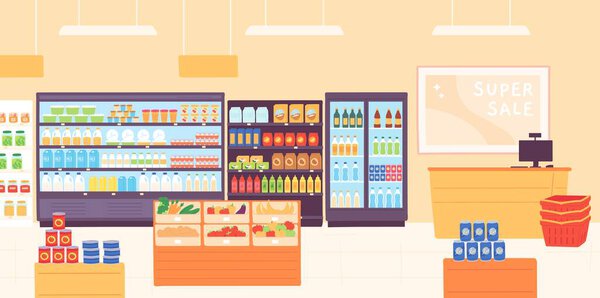 Grocery shop interior. Supermarket with food product shelves, racks with dairy, fruits, fridge with drinks and cashier. Store vector concept