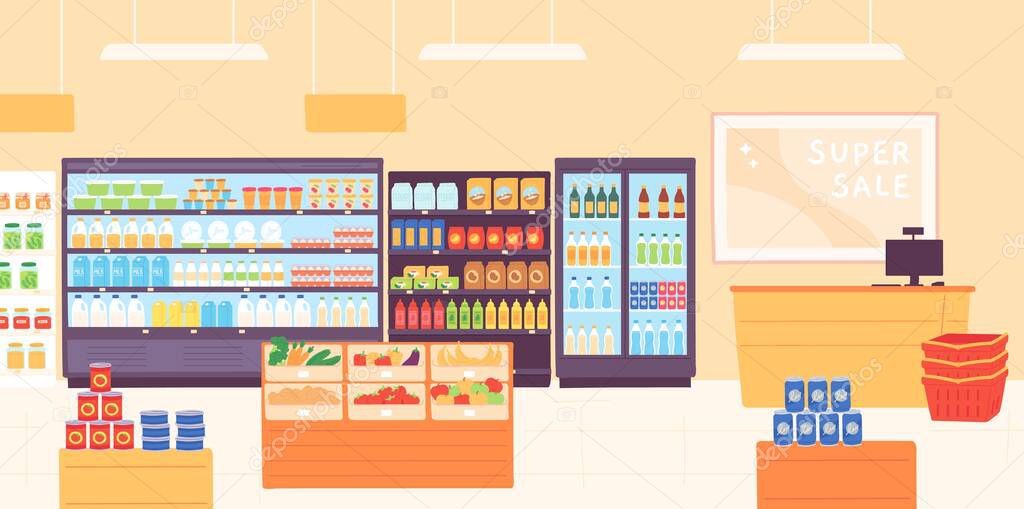 Grocery shop interior. Supermarket with food product shelves, racks with dairy, fruits, fridge with drinks and cashier. Store vector concept