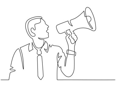 Continuous line man with megaphone. Male silhouette screams in loudspeaker. Businessman hires employee, protests or announces vector concept