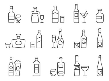Alcohol drinks line icons. Outline bottles and glasses with beer, wine and bar cocktails. Pub menu symbols for alcoholic beverage vector set