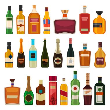 Alcohol drinks in bottles. Flat whiskey, liquor, beer in glass bottle. Cartoon bar cocktail beverages, rum, wine and vodka. Booze vector set