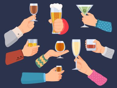 Hands hold alcoholic drinks. Man and woman with wine, beer, tequila, whiskey and champagne glasses. Cartoon bar cocktail in hand vector set