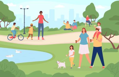 People in city park. Happy families walking dog, playing in nature landscape and riding bicycle. Cartoon outdoor activities vector concept