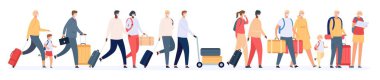 Tourists group with suitcases. Traveling families crowd with luggage in airport queue. People in masks in tour. Safe vacation vector concept