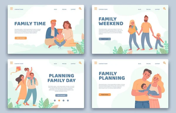Happy families landing pages. Active parents and child on vacation. Website for family planning, healthy life and leisure time vector set — Stockvector