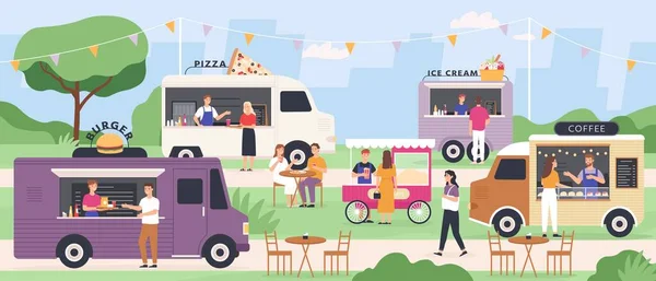 Street food festival. People eat at summer outdoor truck fair with fast foods, pizza and ice cream van, popcorn cart. Flat vector park event — Stock vektor