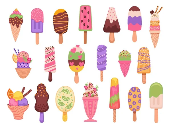 Ice cream. Cartoon summer dessert, popsicles, fruit frozen juice and yogurt, watermelon sorbet. Chocolate creams with sprinkles vector set — Archivo Imágenes Vectoriales