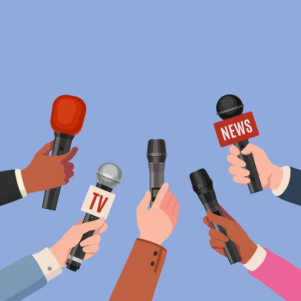 Journalist hands with microphones. Reporters with mics take interview for news broadcast, press conference or newscast. Media vector concept — Stock Vector