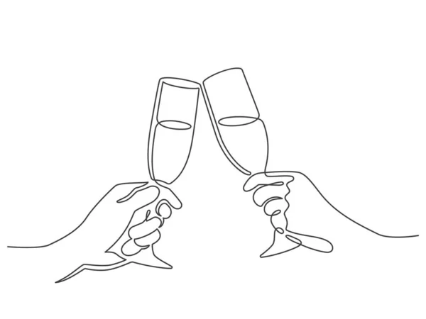 Continuous line champagne cheers. Hands toasting with wine glasses with drinks. Linear people celebrate christmas or birthday vector concept — Stockvektor