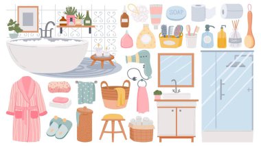 Banyo elementleri. Cilt ve saç bakımı için temizlik ürünleri. Lavabo, duş, bornoz, havlu, sünger ve sabun. Banyo mobilya vektörü ayarlandı