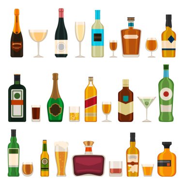 Alkolik şişeler ve bardaklar. Alkol kokteyli, şampanya, bira, brendi ve martini, cin ve konyak. Bar menüsü düz vektör simgeleri ayarlandı