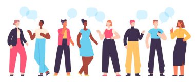 İnsanlar iletişim kurar. Çeşitli karakter grupları sohbet ediyor ve konuşuyor. Konuşma baloncukları olan düz öğrenciler. Sosyal konuşma vektörü belirlendi