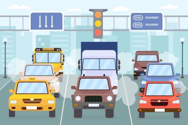 Traffic jam. Cars on city road with smoke, smog and exhaust gas. Vehicle, taxi, truck and bus on urban highway. Air pollution vector concept