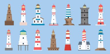 Sea beacons. Coast lighthouse with searchlight beam. Cartoon navigation tower for sailing ship. Marine lighthouses on ocean shore vector set