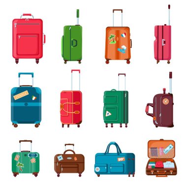Travel suitcases. Backpacks, bags, plastic or metal open suitcase with wheels. Cartoon tourist baggage with sticker. Hand luggage vector set