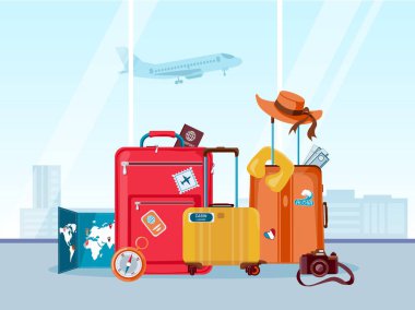 Tourist travel suitcases. Luggage and bags with map, camera and summer hat in airport. Tourism agency, adventure and vacation vector concept