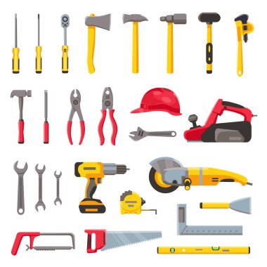 Building tools. Construction hardware, screwdriver, hammer, saw and drill, builder helmet and electric equipment. Repair toolkit vector set
