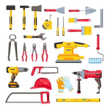Construction toolkit. Home renovation and repair tools, spanner, trowel, electric drill and screwdriver. Woodwork equipment flat vector set