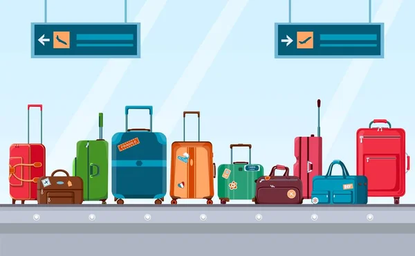 Courroie transporteuse d'aéroport avec bagages. Système carrousel avec valises de voyage et sacs avec autocollants. Concept vectoriel de zone de récupération des bagages de dessin animé — Image vectorielle
