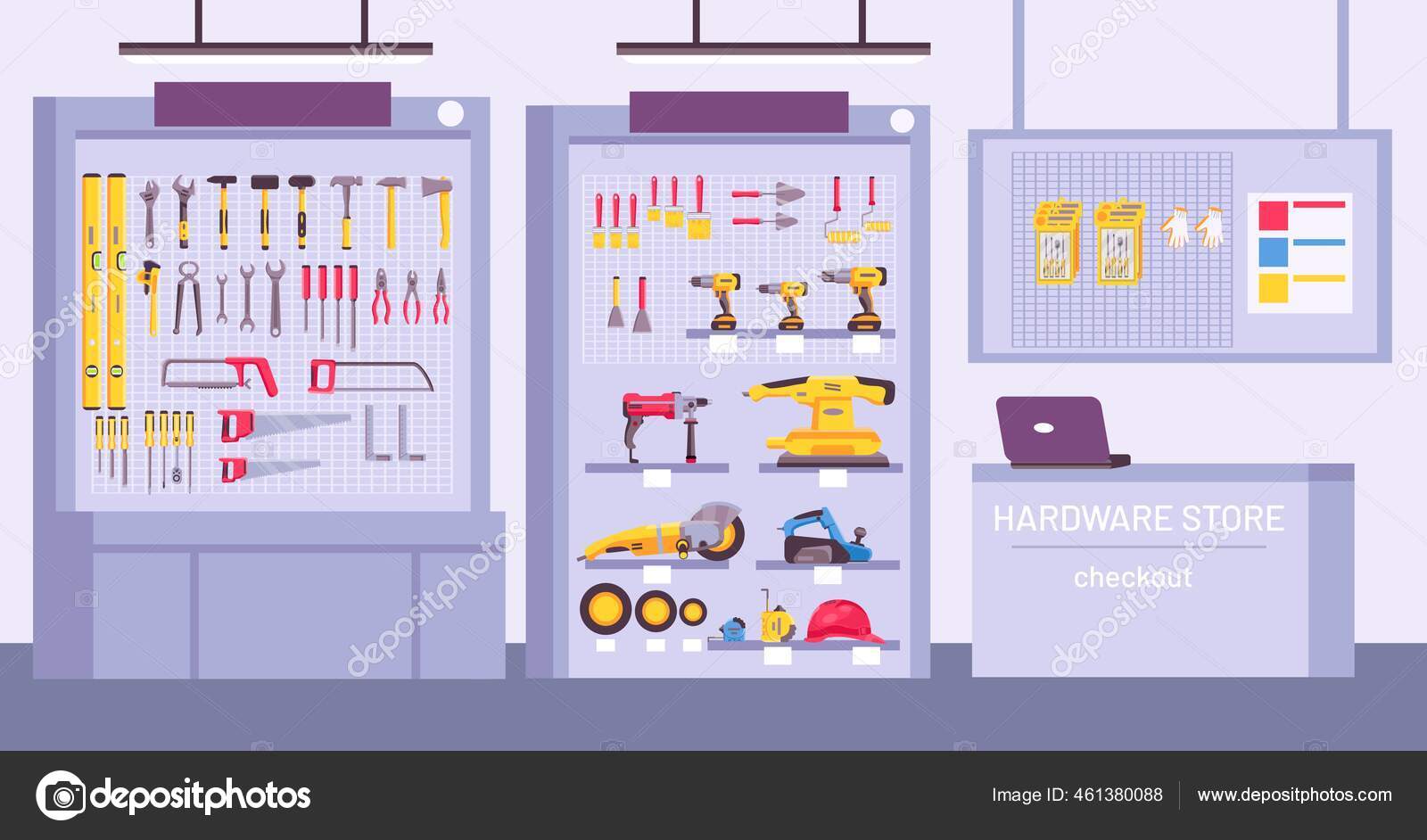 Interior de la ferretería. Tienda con mostrador, estantes con surtido,  instrumentos para la reparación del hogar. Herramientas de construcción  ofrecen concepto de vector Vector de stock #461380088 de  ©tartila.stock.gmail.com, image size:1600x942