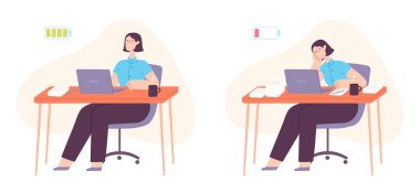 Yanmış ofis çalışanı. Bilgisayarda tamamen boş bataryalarla çalışan bitkin bir kadın. Zihinsel stres, aşırı yükleme çalışan vektör konsepti