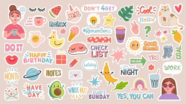Diary stickers. Words, characters and quotes for planner journal. Trendy notebook decor with girls, food and cats. Daily reminder vector set — Stock Vector