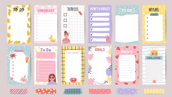 Planner list notes. Weekly to do lists and daily schedule with stickers and cute patterns. Checklist for goals and plans template vector set