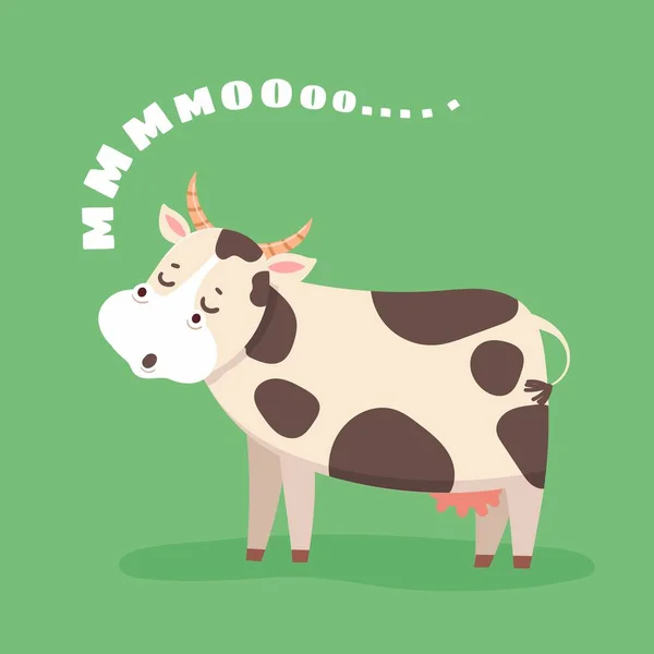 Мультяшная корова. Счастливого скота на травяном поле. Симпатичная корова мычит. Смешной персонаж талисмана животного или векторный дизайн логотипа — стоковый вектор